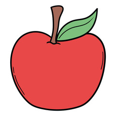 Hand drawn cartoon red apple with green leaf on white background.