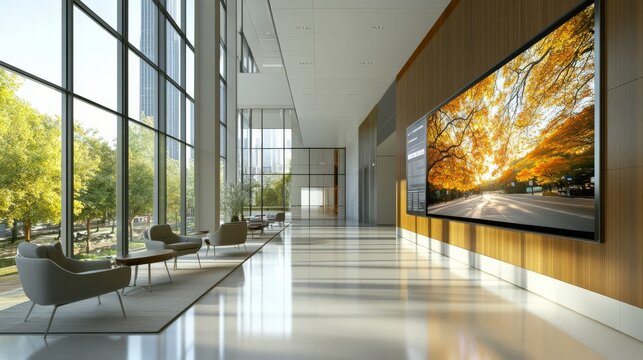 Modern Office Lobby with Large Digital Display: A sleek and modern office lobby features a stunning large digital display showcasing a vibrant autumnal landscape.