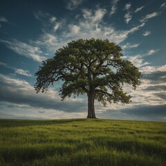 Obraz premium A lone tree standing tall in the middle of a serene, grassy meadow.