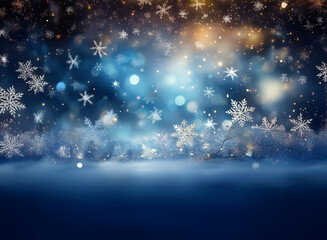Magical winter scene with falling snowflakes, sparkling lights, and a snowy ground.  Cool blue and warm gold tones create a festive atmosphere.