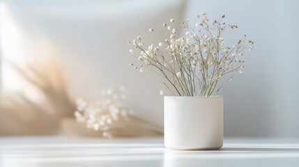 Fototapeta premium Dried flowers in white ceramic pot on white table. Minimalist home decor, soft and elegant floral arrangement. Serene and tranquil atmosphere, neutral pastel colors, delicate and airy feel.