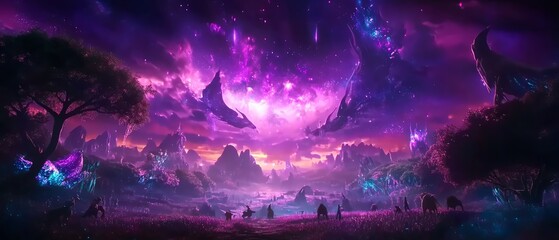 Obraz premium Long shot of a glowing forest, fantasy creatures roaming beneath vibrant skies, enchanting atmosphere, ethereal lighting