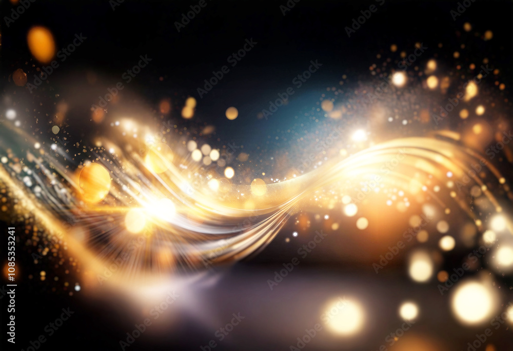 Poster Abstract background with golden light streaks and bokeh lights.