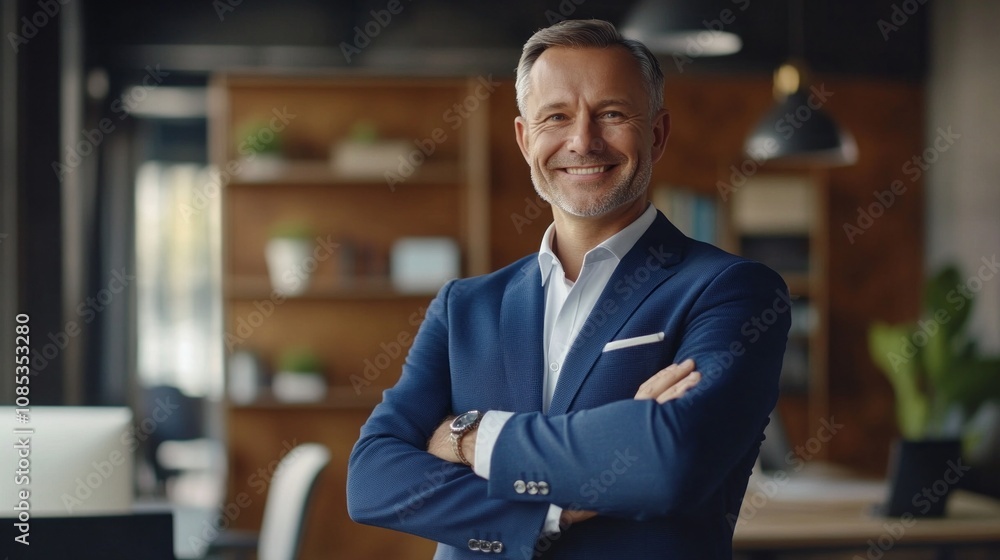 Poster A man in a blue suit is smiling and standing in front of a bookshelf