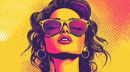 A vibrant pop art portrait of a stylish woman with bold sunglasses and a confident expression.