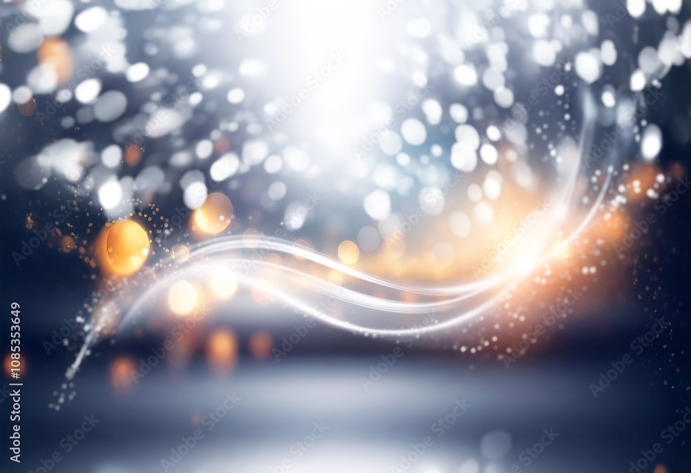Poster a dark background with a bright, glowing, white, wavy light. it includes bokeh with both white and g
