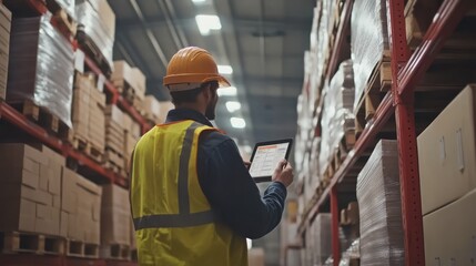 Warehouse Inventory Management:  A warehouse worker in a hard hat and safety vest utilizes a tablet to manage inventory in a bustling warehouse.