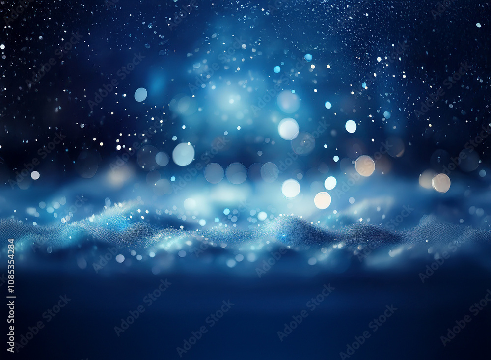 Poster a mesmerizing winter scene. sparkling blue and white lights illuminate a snowy landscape, creating a