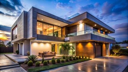 Obraz premium Night Photography of a Modern Luxury House in Guadalajara, Jalisco, Showcasing Contemporary Two-Story Architecture with Elegant Facade and Ambient Lighting, June 24, 2024