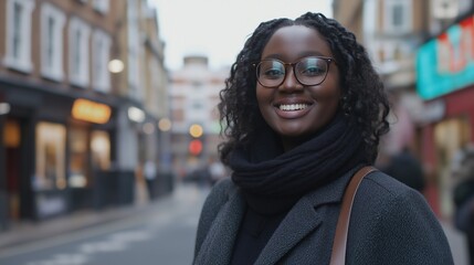 A happy Black woman stands in a London street, smiling warmly while embracing the vibrant urban life