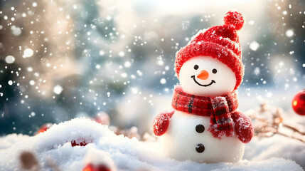 Snowman with Red Hat in Winter Wonderland
