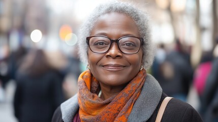 Fototapeta premium A joyful gray-haired Black woman in glasses strolls through a lively London street