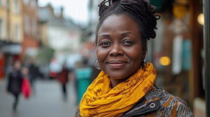 Fototapeta premium A cheerful Black woman stands confidently in a bustling London street, radiating happiness and warmth