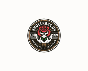 Fototapeta premium Vintage badge dead skull with rose illustration logo printing for business company