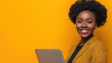 Confident Young Woman with Curly Hair Smiling While Holding Laptop, Standing Against Bright Yellow Background in Professional Attire