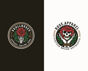 Vintage badge dead skull with rose illustration logo printing for business company