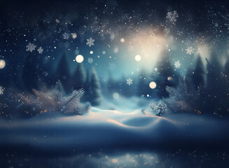 Obraz premium A serene winter scene unfolds: snow-covered ground, softly lit pine trees, and a snowfall under a twilight sky. Magical, peaceful ambiance.