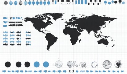 Detailed World Map Infographic with Various Geometric Shapes and Data Representations in Black and Blue on a Grid Background for Visualization and Presentation Purposes