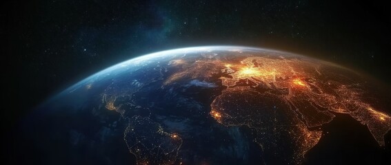 Obraz premium Stunning Aerial View of Earth at Night Highlighting Illuminated Cities and Natural Features Captured from Space with Stars in Background