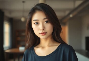 Natural portrait of a young Asian woman in casual attire, standing in a cozy industrial apartment with a neutral facial expression, surrounded by a minimalist and modern interior design