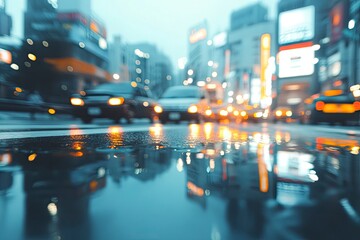 Blurred picture of traffic in city, with reflection. Busy road during rush hour in Asia. Defocused 