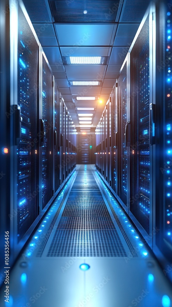 Poster a futuristic data center corridor with illuminated server racks.