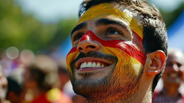 Close-up of a man's face, painted with the colors of the Spanish flag