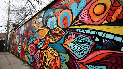 Vivid Urban Wall Art with Abstract Patterns and Bright Colors on a City Street