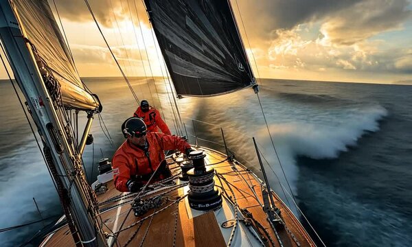 Sailboat Racing Through Rough Waters at Sunset