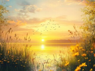 Naklejka premium Golden hour bliss. A serene sunset over a calm lake, framed by wildflowers and tall grasses. Birds fly in formation overhead, creating a magical scene.