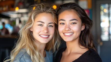 Two cheerful girls share a moment of joy and connection in a lively New York cafe