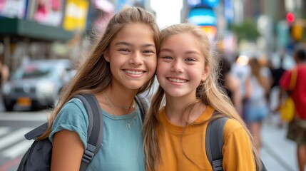 Teenagers smile brightly in New York, capturing joy during their casual day out together