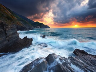 Fototapeta premium Dramatic sunset over the ocean, waves crashing against dark rocky coastline. Breathtaking view of nature's power and beauty.