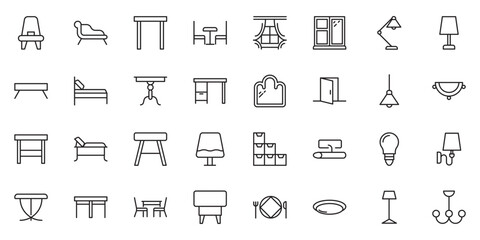 Furniture flat line icons set. Kitchen, bedroom, sofa table, bookcase closet, chair, mattress, lamps, ladder vector illustrations