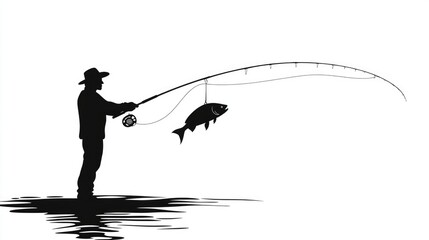 Silhouette of a Fisherman with a Caught Fish
