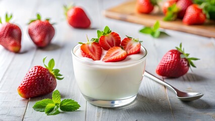 Refreshing Yogurt with Strawberries on a Light Background &ndash; Probiotic Dairy Drink for Gut Health and Wellness, Showcasing Buttermilk and Kefir in a Healthy Lifestyle Context