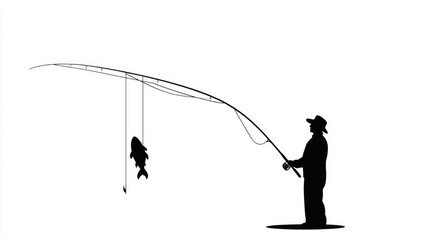 Obraz premium Silhouette of a Fisherman Holding a Fishing Rod with a Fish
