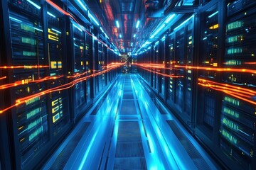 Fototapeta premium multicolored network cables and illuminated servers in the data center