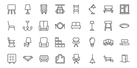Furniture flat line icons set. Kitchen, bedroom, sofa table, bookcase closet, chair, mattress, lamps, ladder vector illustrations