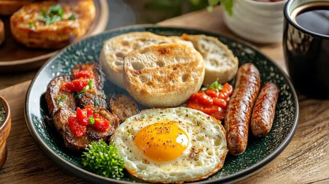 Freshly prepared halal breakfast items like eggs, sausages, and bread, arranged on a plate with a steaming cup of coffee in a cozy cafe