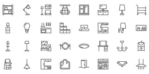 Furniture flat line icons set. Kitchen, bedroom, sofa table, bookcase closet, chair, mattress, lamps, ladder vector illustrations