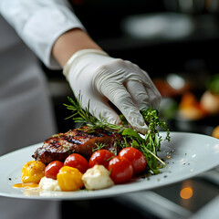A chef presents a beautifully plated dish featuring grilled meat, vibrant cherry tomatoes, and fresh herbs, showcasing culinary artistry and attention to detail.
