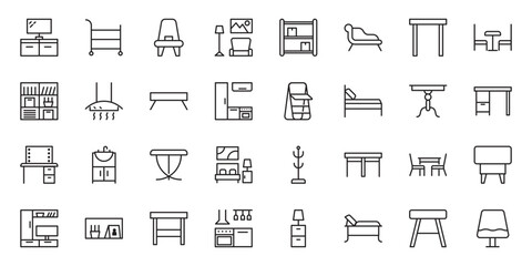 Furniture flat line icons set. Kitchen, bedroom, sofa table, bookcase closet, chair, mattress, lamps, ladder vector illustrations