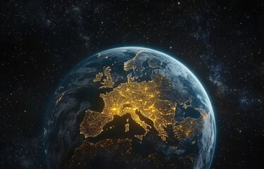 Obraz premium Stunning Satellite View of Earth at Night Showcasing Vibrant City Lights across Europe with a Gorgeous Starry Background in a Cosmic Perspective
