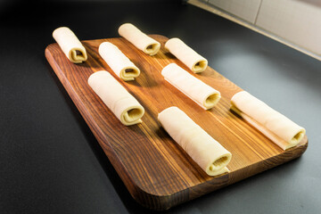 Chocolate rolls made of puff pastry. Dessert. Pastry. Food concept.