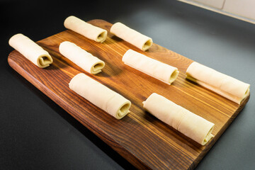 Chocolate rolls made of puff pastry. Dessert. Pastry. Food concept.
