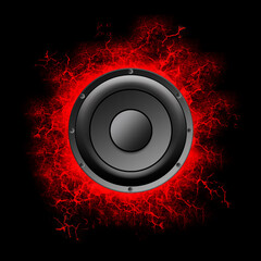 Audio speaker with bright red cracks on a black background. Copy space. Device for playing music. Musical