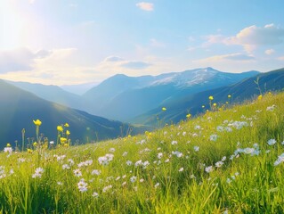 Serene mountain vista with a field of wildflowers in full bloom under a bright, sunny sky.  A breathtaking landscape.