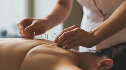 Obraz premium Close-Up of Acupuncture Session with Fine Needles on a Patient’s Back in a Calm Environment