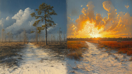 Fototapeta premium The beauty of two seasons, with a vibrant sunset illuminating one side and clear skies hosting fluffy clouds on the other, surrounded by natural terrain